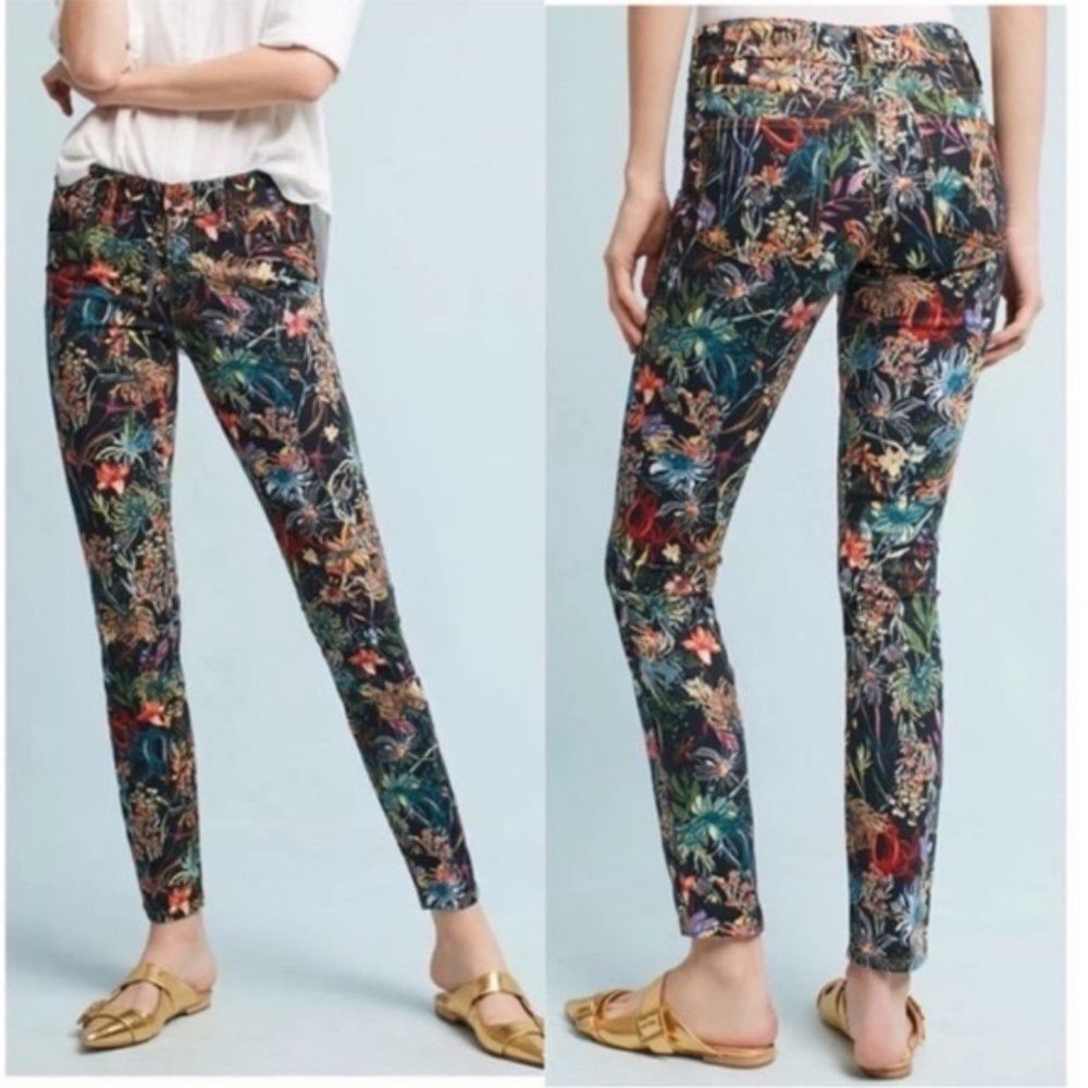 Anthro Pilcro And The Letterpress The Wanderer Mid Rise Black Floral Jean Sz 26